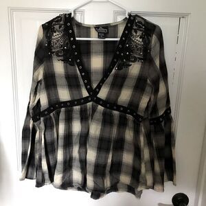 ANGIE Buffalo Checked Peasant Blouse Smock Tops